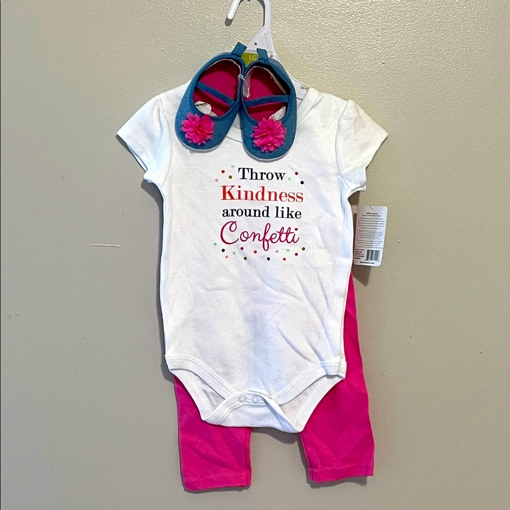 3 piece New with Tags Baby Girl Outfit! Kindness = Cute! With shoes!